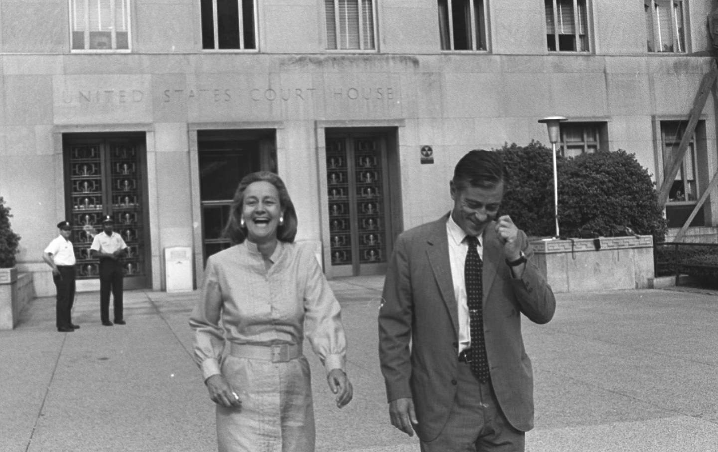 “Washington Post” publisher Katharine Graham and executive editor Ben Bradlee leave US District Court in Washington on June 21, 1971, happy with Judge Gerhard A. Gesell's ruling the the paper could publish further articles about a Pentagon report on Vietnam. Later however, the US Court of Appeals extended for one more day a ban against publishing the secret documents.