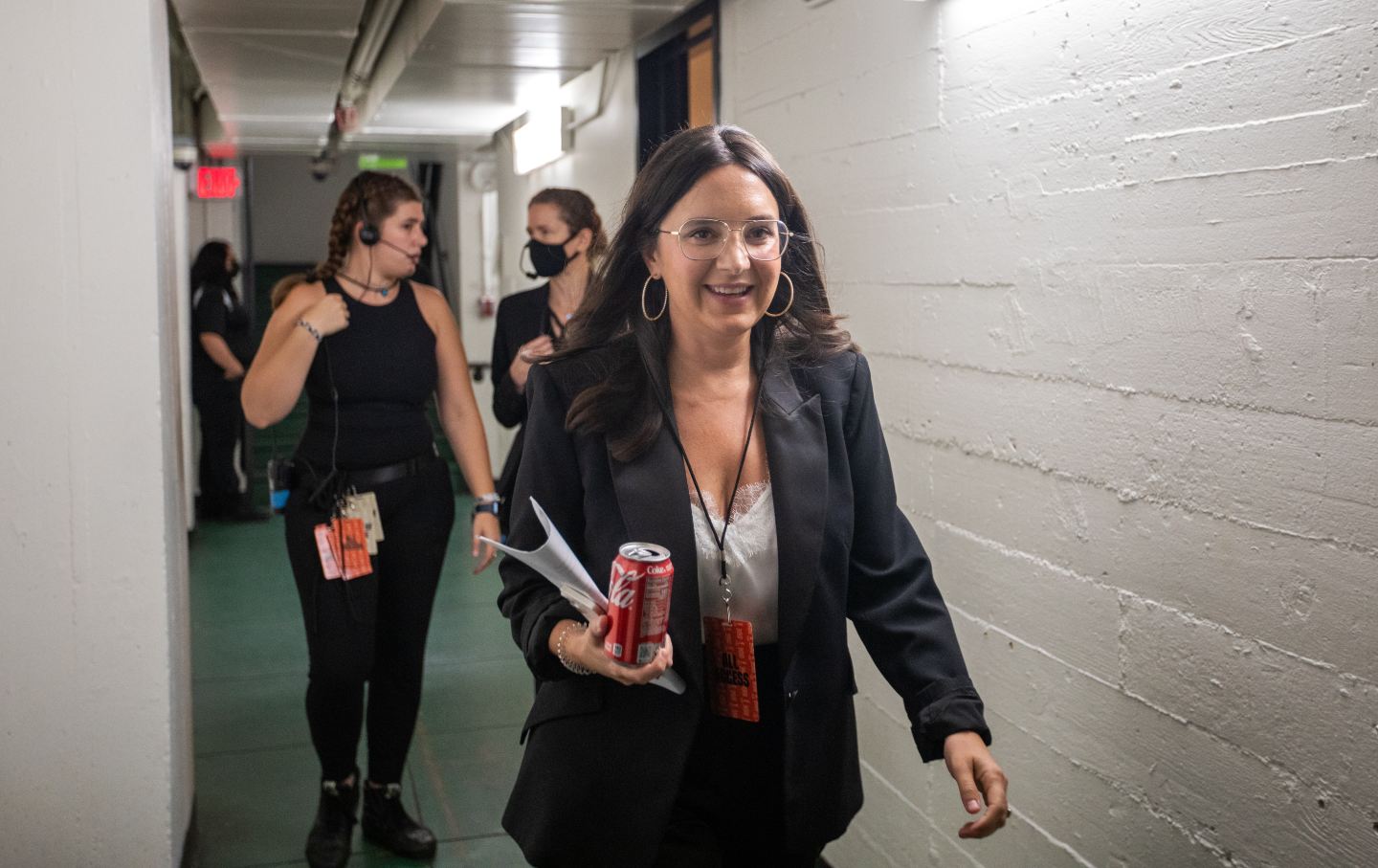 Controversial former NYT columnist Bari Weiss walks backstage at The Theatre at the Ace Hotel.