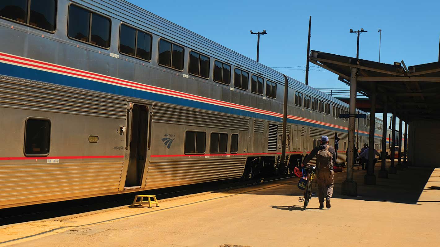 A passenger disembarks from the Southwest Chief in Albuquerque, New Mexico.