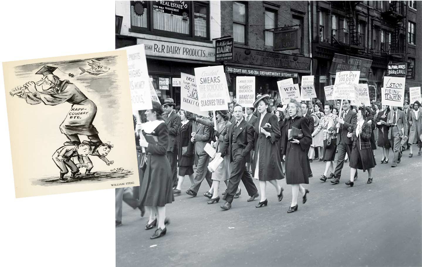 Left, a cartoon by William Steig, the creator of Shrek, condemning the efforts of the New York Legislature to root out “subversive” professors at the state’s public universities. Right, a May Day protest against the committee’s witch hunt at City College.
