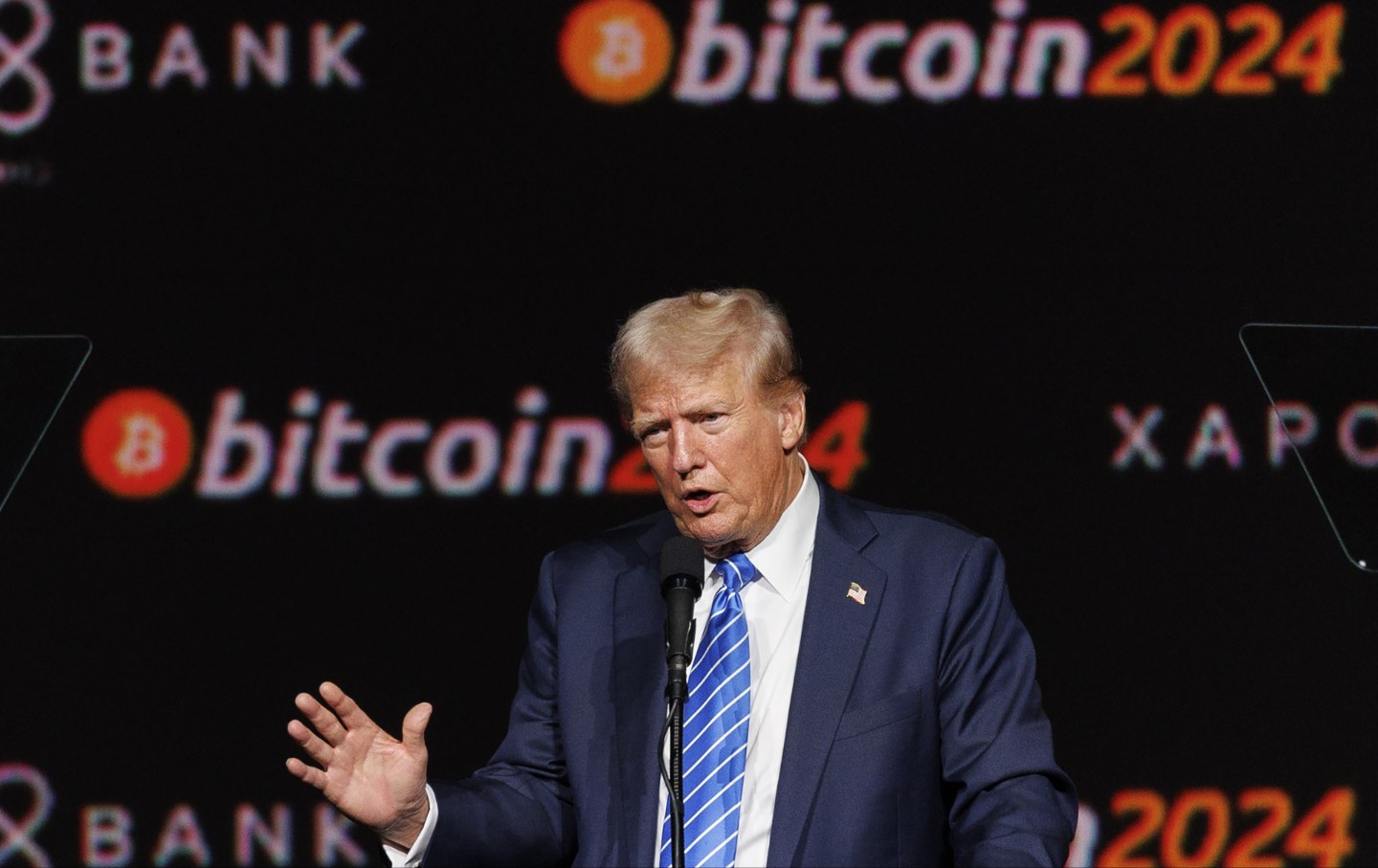 Donald Trump speaks at the Bitcoin 2024 conference in Nashville, Tennessee, US, on Saturday, July 27, 2024.