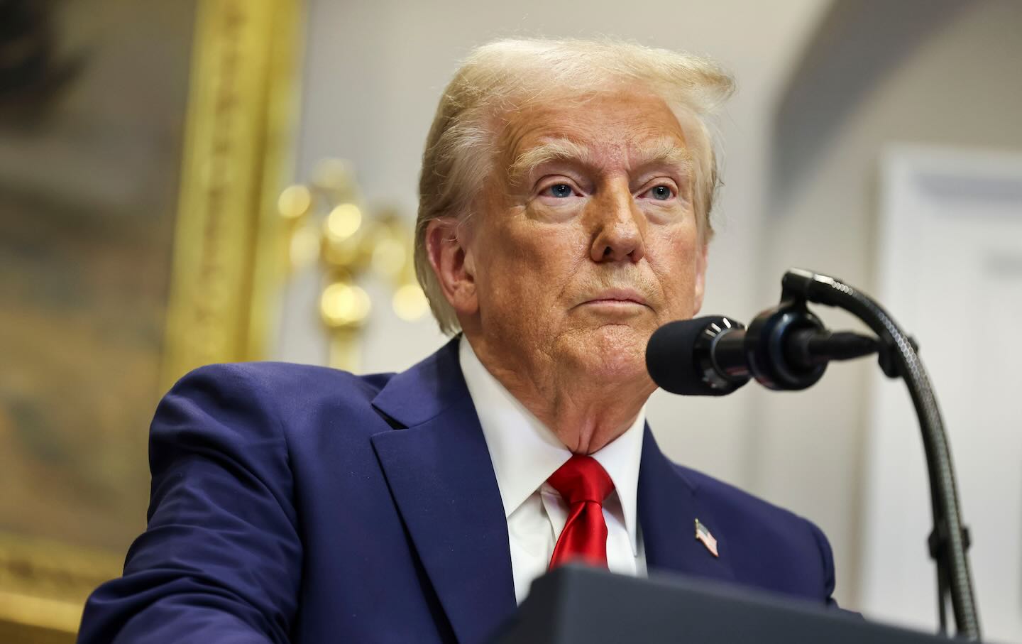 This image has an empty alt attribute; its file name is GettyImages-2194583291.jpeg President Donald Trump in the Roosevelt Room of the White House in Washington, DC, on January 21, 2025.