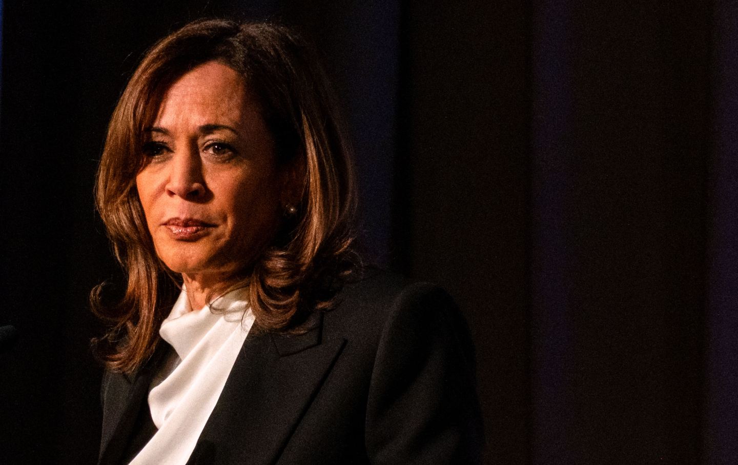 Kamala Harris pauses as she speaks at the Emerge 20th Anniversary Gala in San Francisco, California, on April 30, 2025.