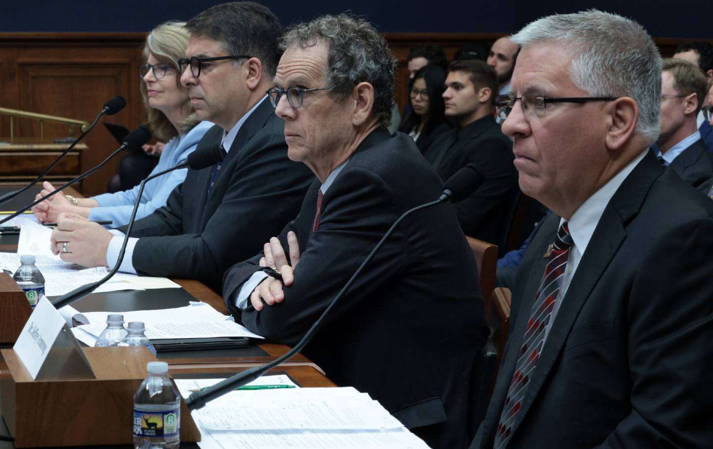 Wendy Raymond, president of Haverford College; Robert Manuel, president of DePaul University; David Cole, a professor at Georgetown Law and former legal director of the ACLU; and Jeffrey Armstrong, president of California Polytechnic State University testify during a hearing before the House Education and Workforce Committee at the Rayburn House Office Building on May 7, 2025, in Washington, DC. The committee held a hearing on “Beyond The Ivy League: Stopping the Spread of Antisemitism on American Campuses.”