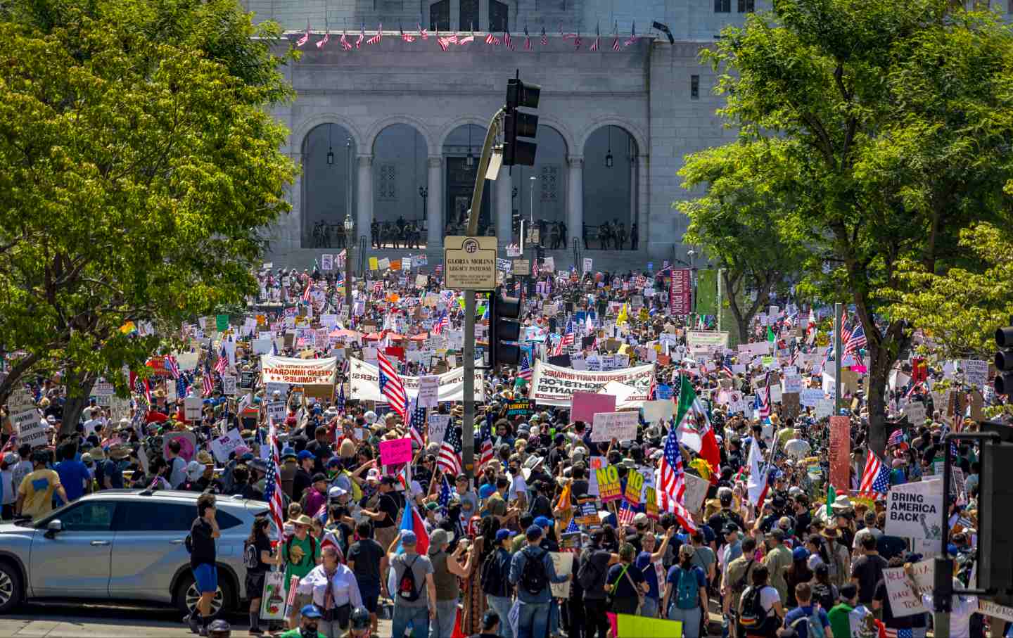 Thousands of protesters gather in Grand Park by City Hall during the nationwide No Kings protest in Los Angeles, Calif., on June 14, 2025.