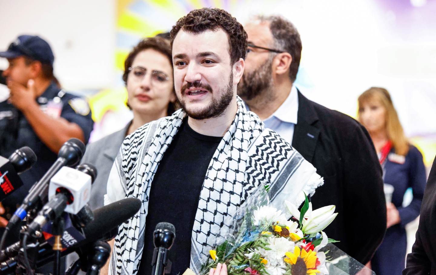Former Columbia Univrsity student Mahmoud Khalil speaks to the press as he arrives at Newark airport on June 21, 2025.