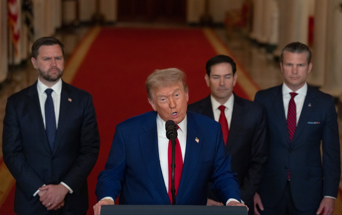 President Donald Trump delivers an address to the nation accompanied by U.S. Vice President JD Vance, U.S. Secretary of State Marco Rubio and U.S. Defense Secretary Pete Hegseth from the White House on June 21, 2025 in Washington, D.C.