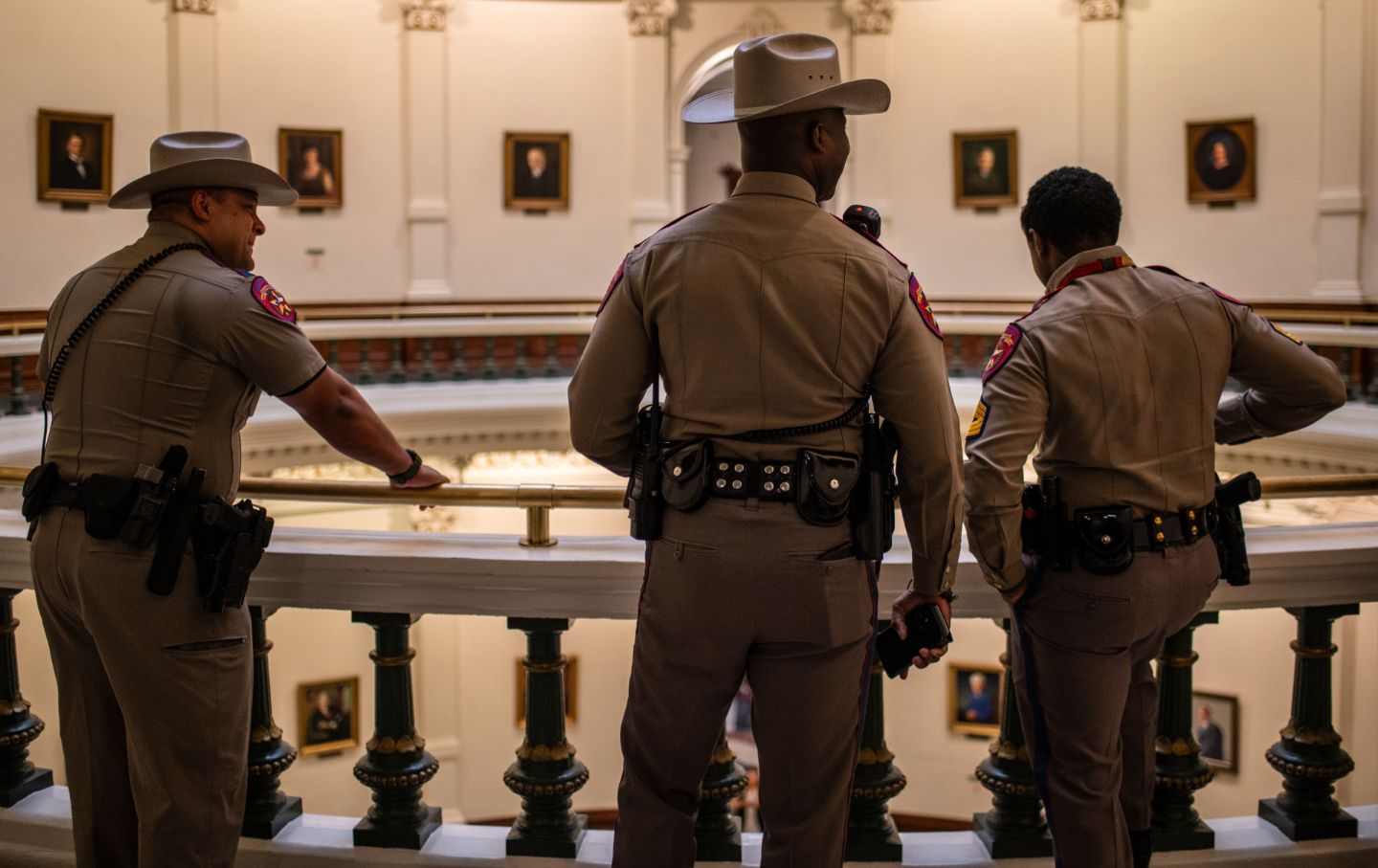 Members of the Texas Department of Public Safety inside the Texas State Capitol in Austin, Texas, on Monday, August 4, 2025. Texas Governor Greg Abbott ordered the arrest of Democratic lawmakers who left the state to block a controversial vote on new congressional maps.