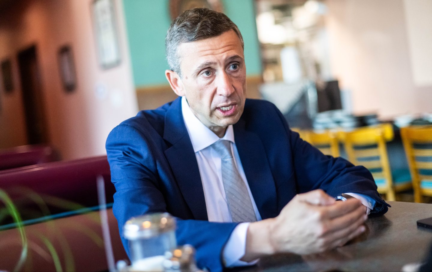 Democratic National Committee chair Ken Martin talks about the economy and immigration at Teresitas Restaurant in East Los Angeles on Wednesday, July 30, 2025.