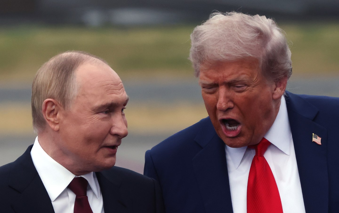Donald Trump welcomes Russian President Vladimir Putin to Joint Base Elmendorf-Richardson on August 15, 2025, in Anchorage, Alaska.