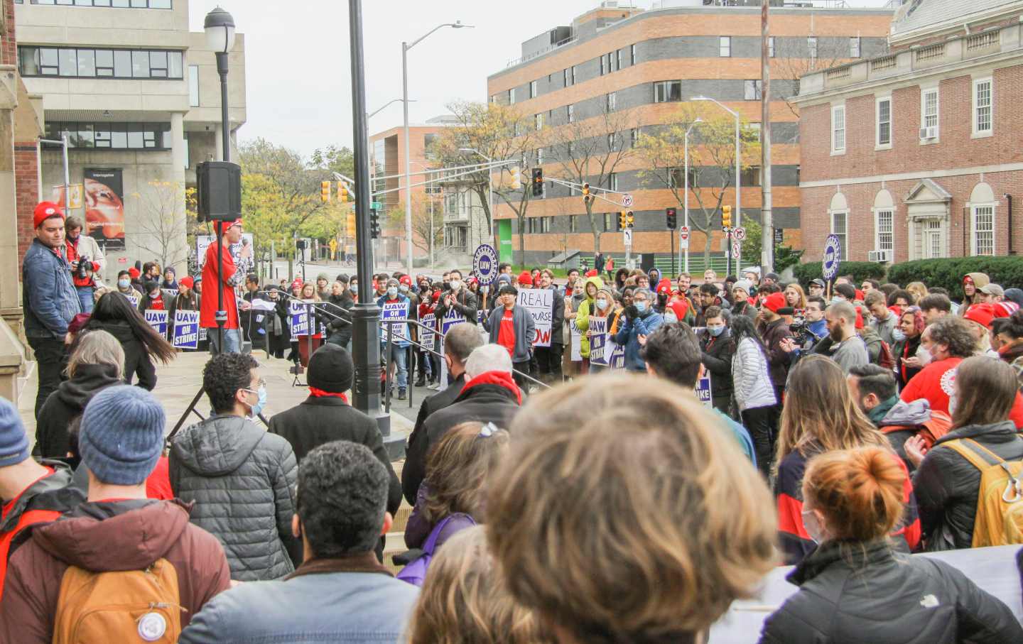 The Harvard Graduate Student Union–United Automobile Workers during a rally in 2021.
