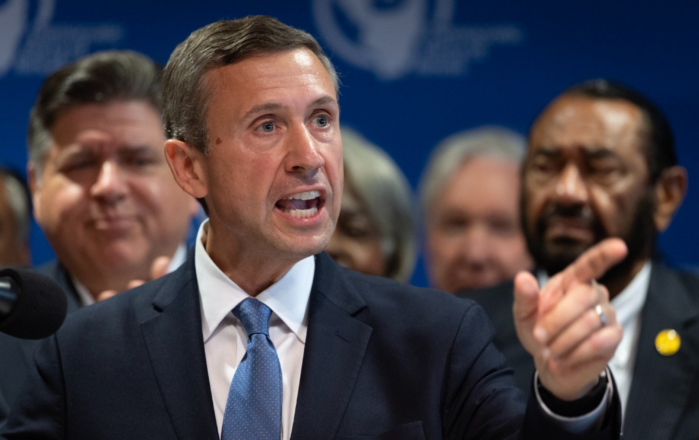 Ken Martin, chairman of the Democratic National Committee, speaks during a press conference with Texas Democrats at the International Union of Painters and Allied Trades union hall on August 5, 2025, in Aurora, Illinois.
