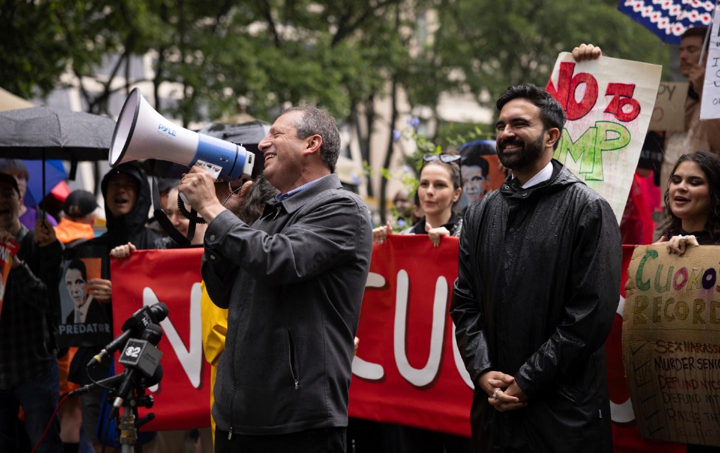 New York City mayoral candidates Brad Lander and Zohran Mamdani, who cross-endorsed each other for mayor, gather with their supporters for an anti-Cuomo press conference at Bryant Park in New York City on June 14, 2025.