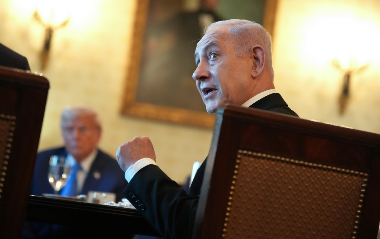 Israeli Prime Minister Benjamin Netanyahu speaks alongside US President Donald Trump during a dinner at the White House on July 7, 2025, in Washington, DC.