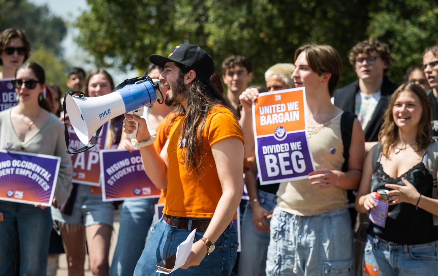 Student workers and their supporters at Occidental College as they launch a union campaign to join SEIU Local 721 in 2024.